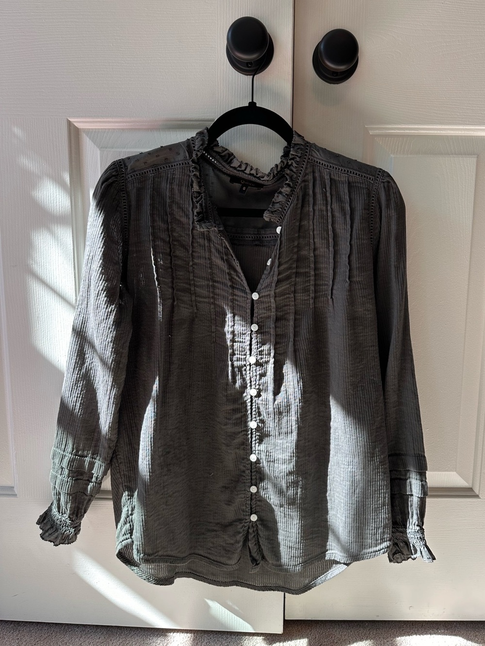 Quince Gray Ruffle Pintuck Button-Front Blouse